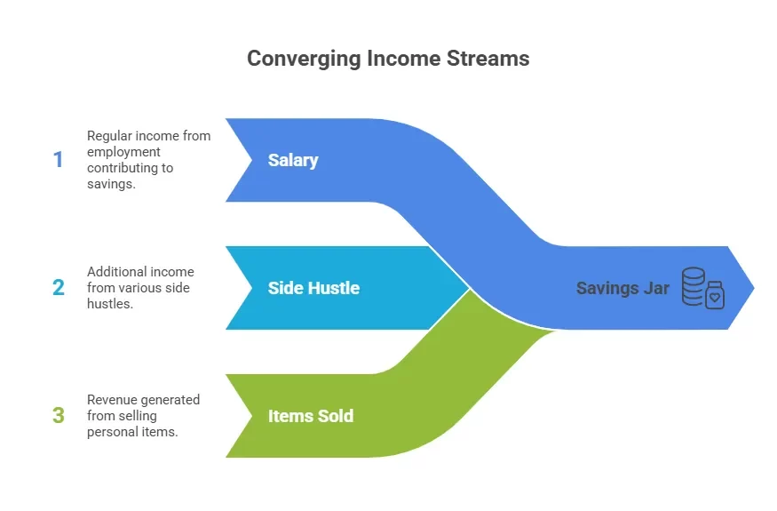 various income streams flowing into a savings jar